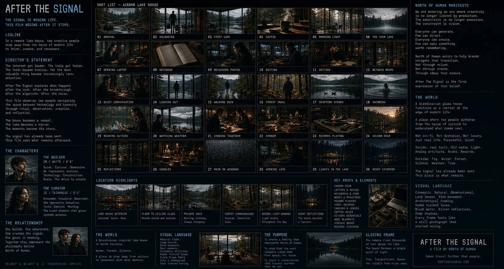 After the Signal launch-film board: logline, director's statement, the two characters (the Builder and the Curator), a 30-shot list at a North Carolina lake house, location highlights, key props, and the visual language.